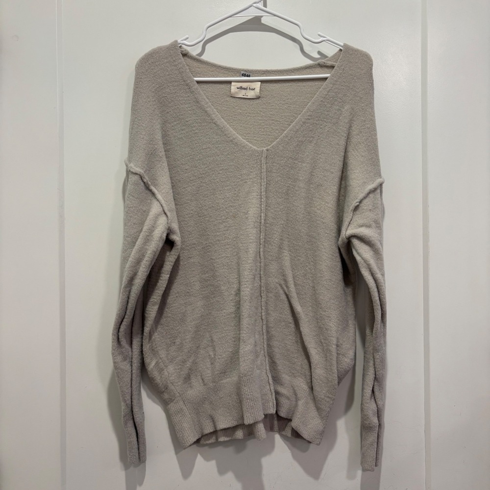 Wilfred Free Aritzia V-Neck Sweater Small Oatmeal Beige Slouchy Knit 102730